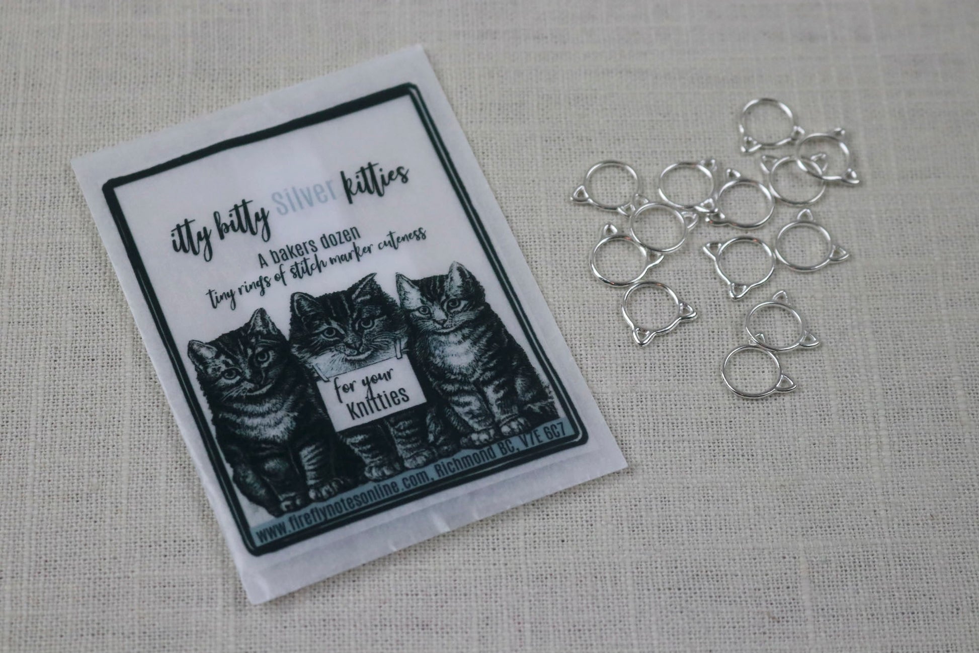 firefly notes stitch marker itty bitty silver kitties